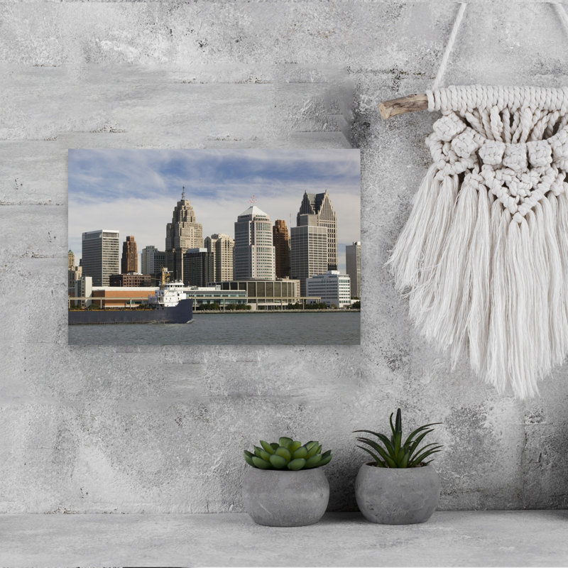 USA Michigan Wayne County Detroit along Detroit River from Windsor Ontario Canada 1 Piece Wrapped Canvas Wall Art