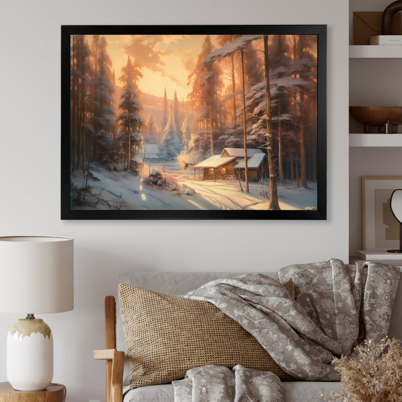 «Snow Covered Cottage In The Mountains», reproduction sur toile encadrée, H 34 po x l 44 po x P 1,5 po, Cadre photo noir