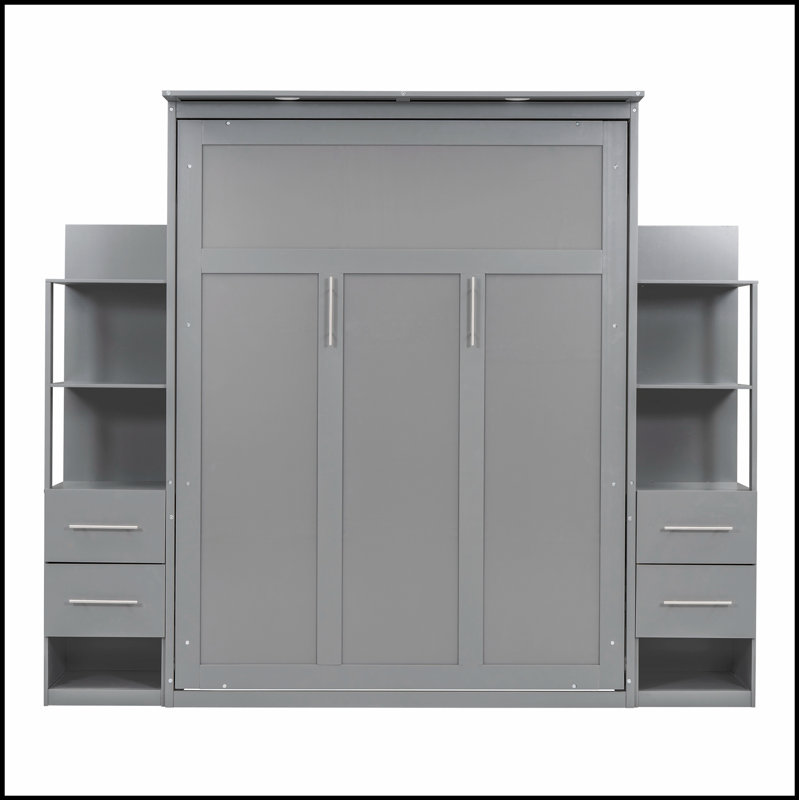 Lit escamotable peu encombrant avec tablettes intégrées, tiroirs et veilleuse à DEL pour une vie moderne, Gris, Grand lit