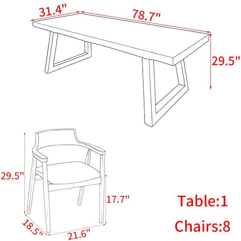 Nordic style modern solid wood dining table set, 29.5"H x 78.7"L x 31.4"W