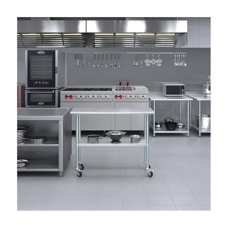 Table en acier inoxydable avec roulettes, H 38 po x L 48 po x l 18 po