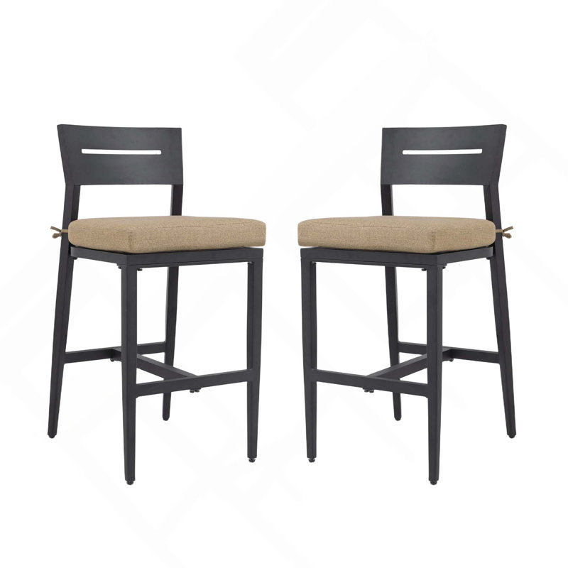 Tabourets de bar d'extérieur modernes avec cadre en aluminium 2 pièces avec dossier ergonomique et coussin Sunbrella pour le jardin, la piscine et l'îlot de cuisine
