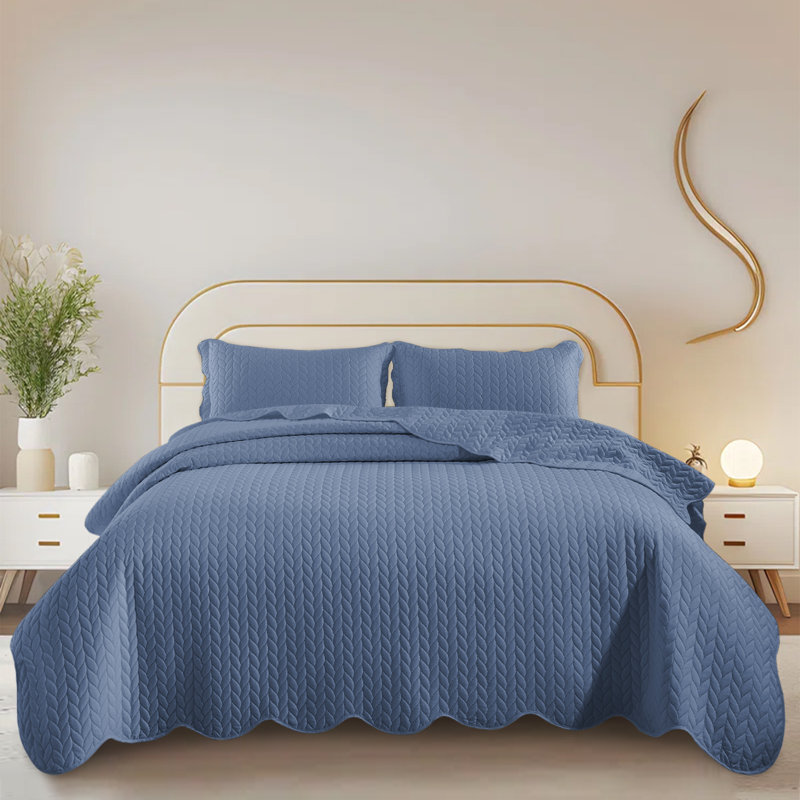 Embossed Quilted Bedspread Set – Soft Microfiber Coverlet With Pillow Shams, Hotel-Style Bedding For High Beds, Washed Blue