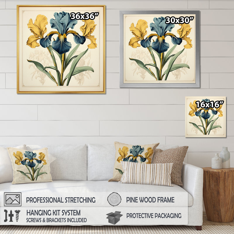 Illustration rétro d'iris bleus jaunes sur toile, H 36 po x l 36 po x P 1,5 po, Toile tendue