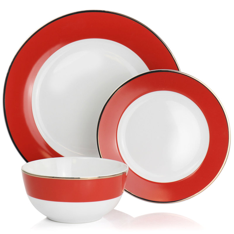 Red and Gold Rimmed 12-Piece Ceramic Dinnerware Set