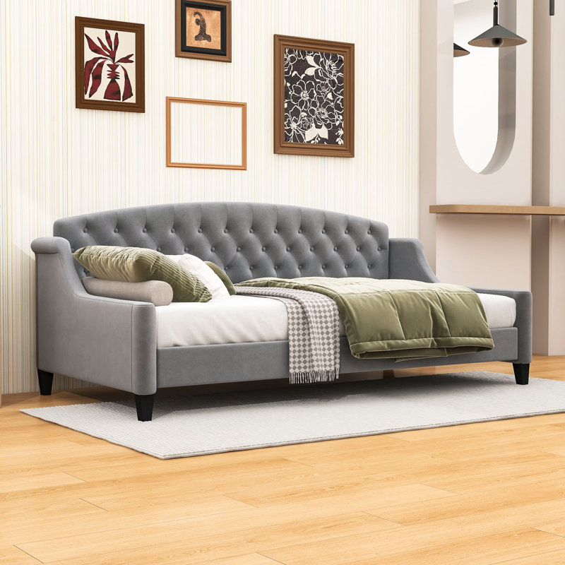 Upholstered Twin Daybed with Sturdy Slats, Tufted Wingback Design, Gray