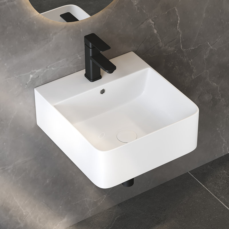 15.7" W x 16.5" D White Rectangular Wall-Mount/Vessel Bathroom Sink with Overflow Hole