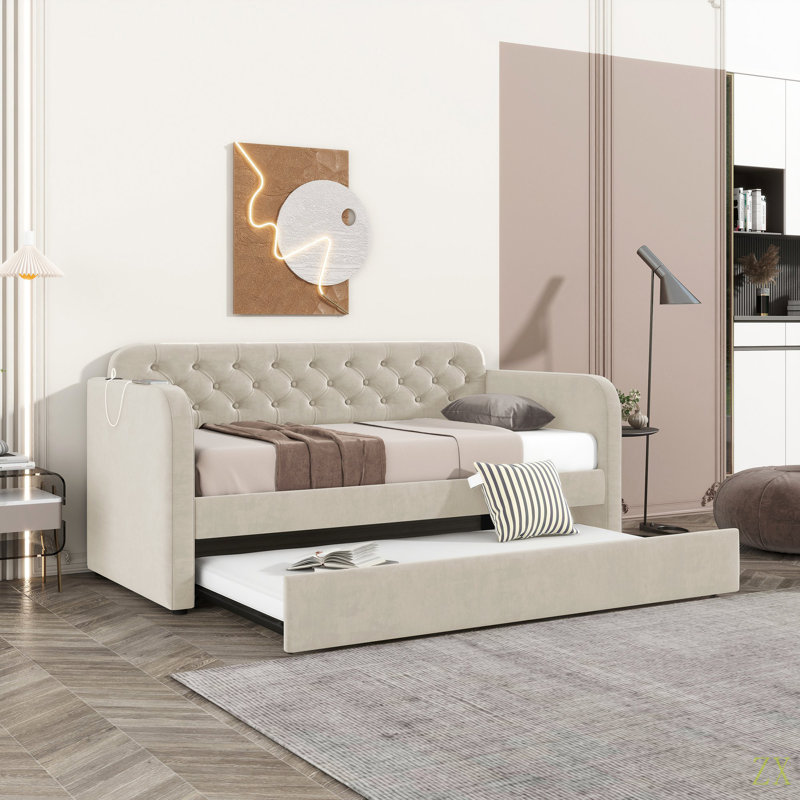 Twin Size Upholstered Daybed With Trundle And USB Charging Design, Velvet Upholstered Daybed Frame, Twin Sofa Bed For Living Room Bedroom, No Box Spring Needed,Plush Velvet Fabric