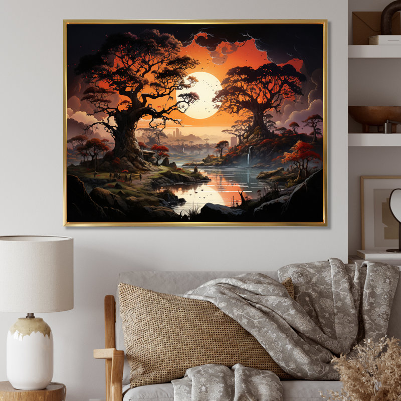 «African Baobab Tales I» sur toile, H 34 po x l 44 po x P 1,5 po, Cadre flottant doré
