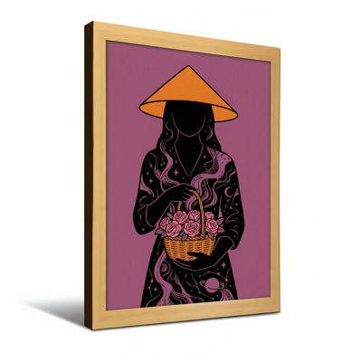 Abstract Silhouette Woman With Hat And Basket Of Roses