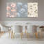 Ensemble de 3 tableaux sur toile tendue représentant des anthuriums roses, des hortensias bleus et des roses crème-936876557
