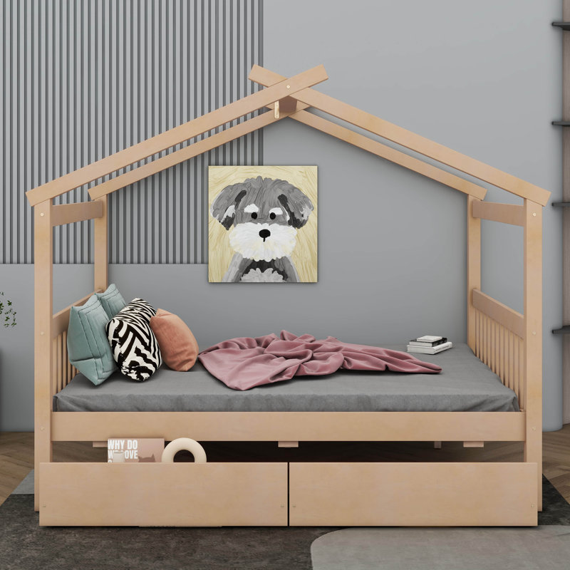 Wooden House Bed With Drawers, Full, Natural