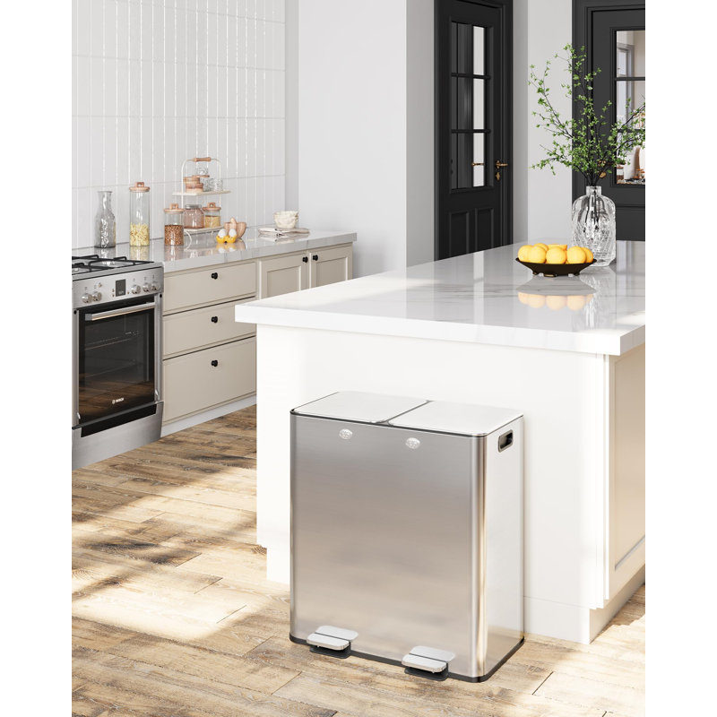 16 Gallon Large Stainless Steel Dual Trash and Recycling Bins with Soft-Close Lid, Kitchen Step Trash Can with Removable Inner Wastebaskets
