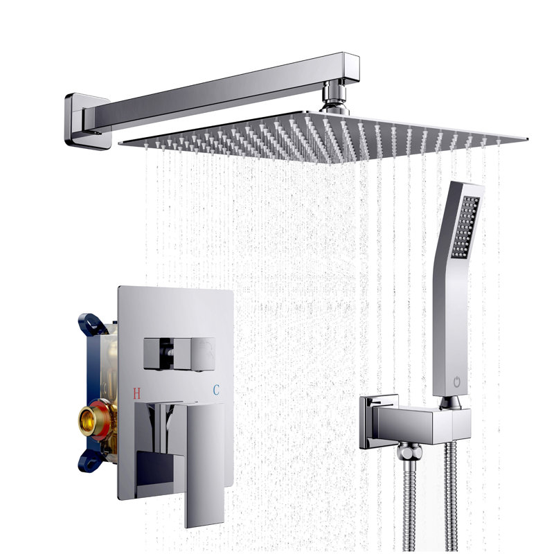 12 inch Bathroom Wall Mounted Rainfall Shower Head System with Faucet Rough-in Valve Body and Trim, Chrome