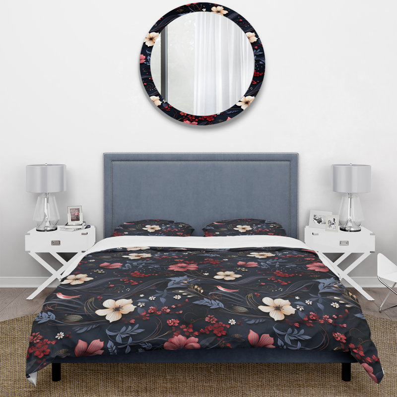 Darkened Melody Moody Patterns Floral Duvet Cover, Queen Duvet Cover + 2 Standard Shams