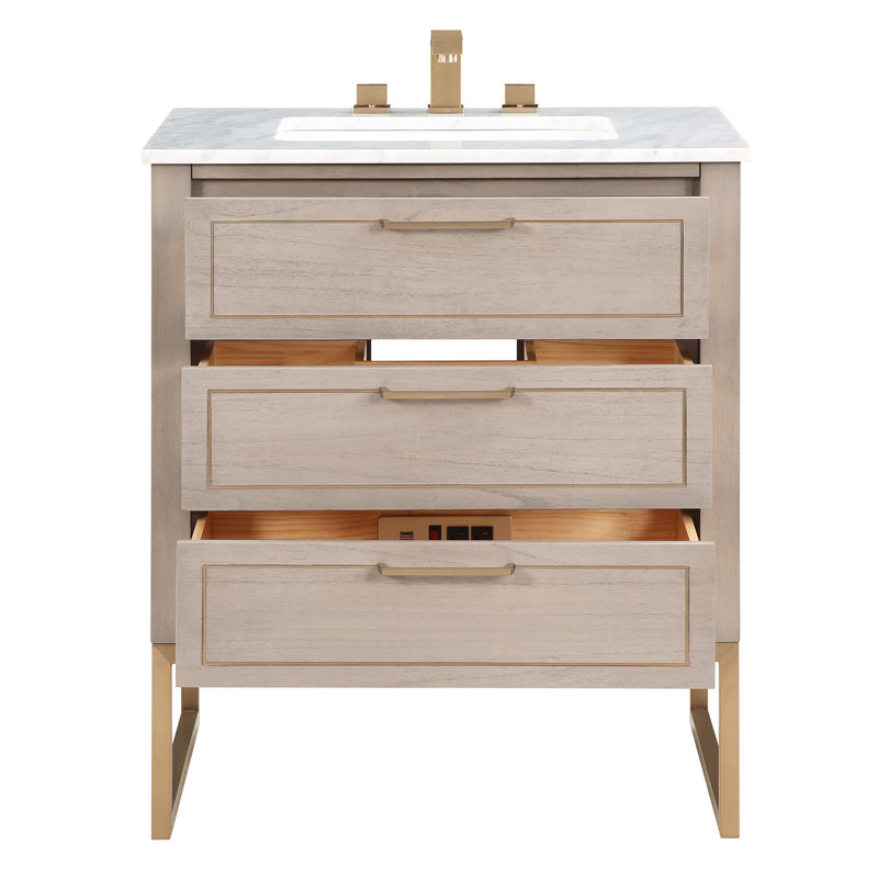 Markham 30 in. Single Vanity, Carrara Marble, Cashmere Gray, Satin Brass