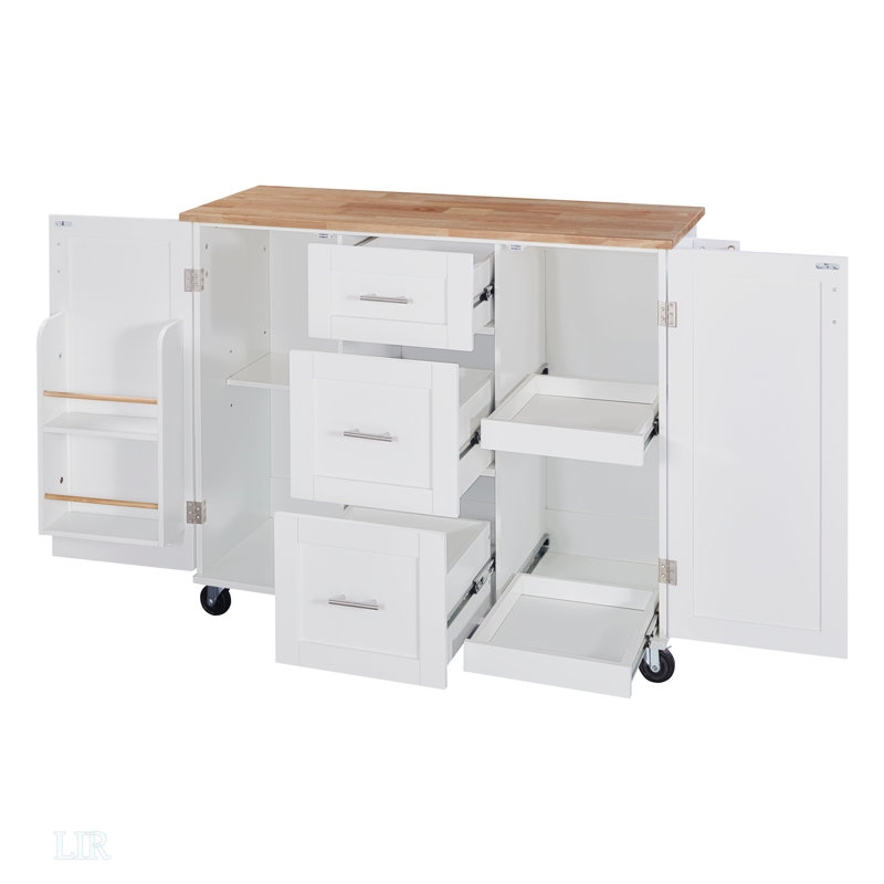 Îlot de cuisine roulant avec rangement, chariot de cuisine avec plateau en bois d'hévéa, 2 tablettes coulissantes et support de rangement interne, îlot de cuisine sur roulettes, îlot de cuisine