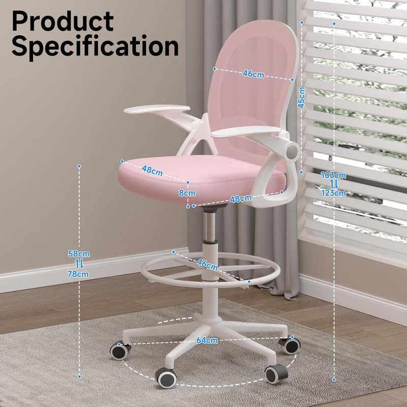 Inbox Zero Lintz Mesh Drafting Chair, Pink/White