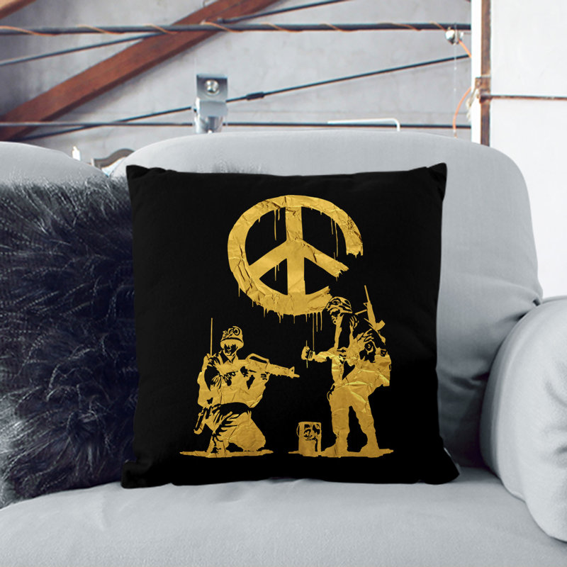 Banksy In Gold Peace Soldiers Square Throw Cushion, 40cm H x 40cm W x 15cm D