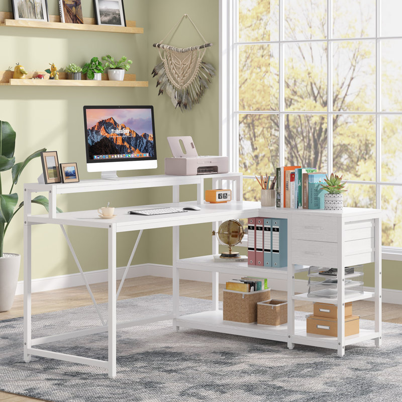Reversible L -Shaped Computer Desk with Monitor Stand, White