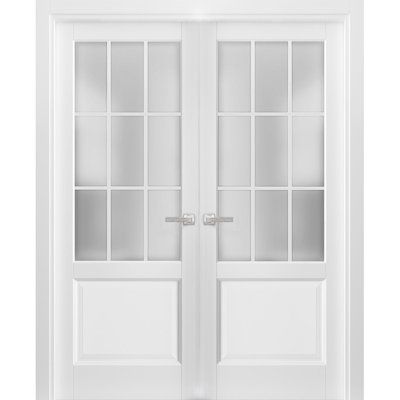Portes doubles françaises massives en verre dépoli 9 carreaux Felicia 3309 Blanc mat Panneau simple Cadre et moulures pour salle de bain ou chambre Portes robustes 60" x 80" (2 x 30 x 80)