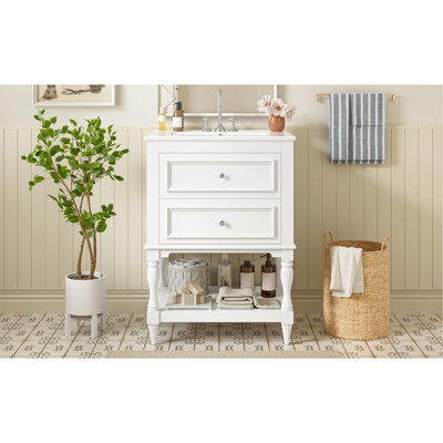 24'' Bathroom Vanity with Ceramic Sink, Bathroom Storage Cabinet with Open Shelf , Retro Design Bathroom Cabinet with 2 Drawers