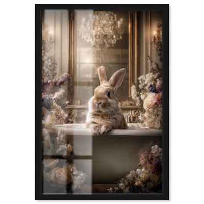 «Bunny in Lush Floral Bathroom Shadowbox Print Fun Bathroom Art» par Art Remedy, cadre noir, 30 x 45