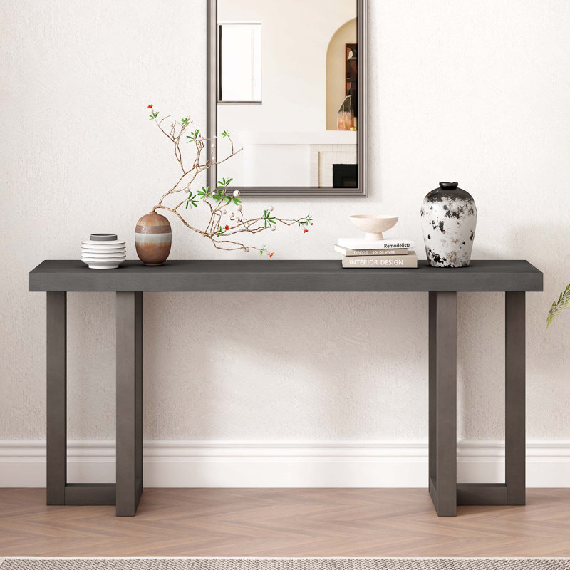Geometric Design Console Table With Solid Pine Legs, Light Gray