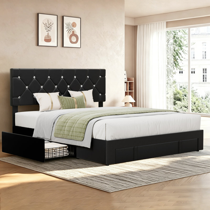 Bed Frame With Diamond Tufted Headboard, PU Leather Platform Bed With Storage Drawer, Wooden Slats Support, No Box Spring Needed, Easy To Assembly