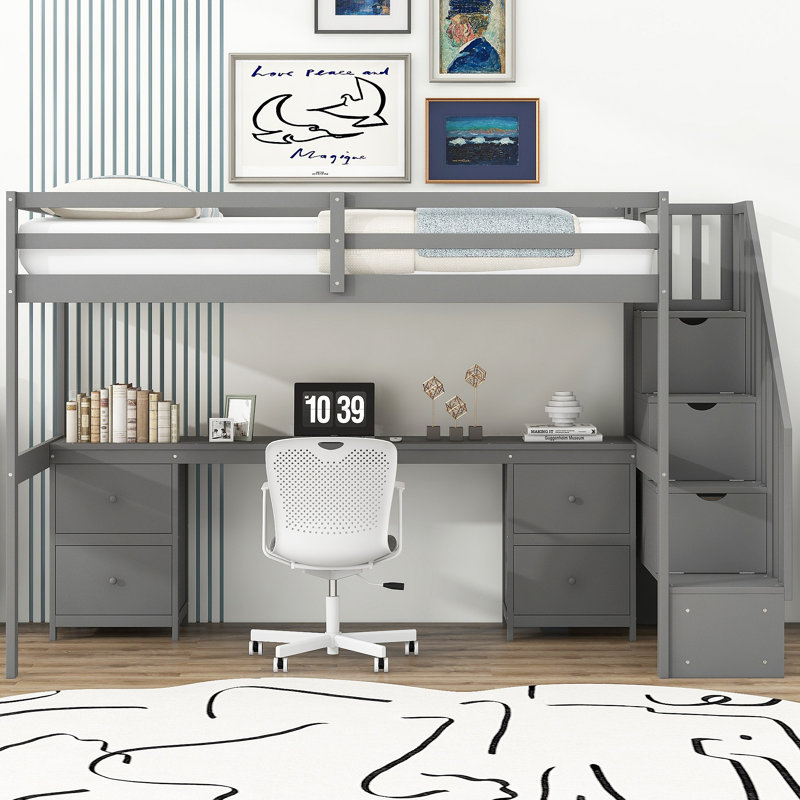 Structure de lit mezzanine avec bureau intégré et tiroirs de rangement doubles