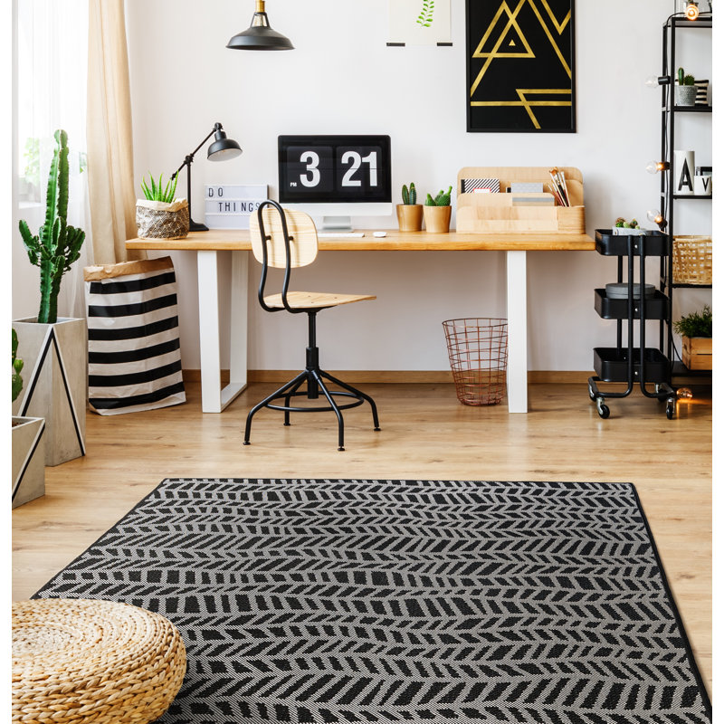Tapis intérieur / extérieur noir Annaliya Algimanta Wave, Rectangulaire 3 pi x 5 pi
