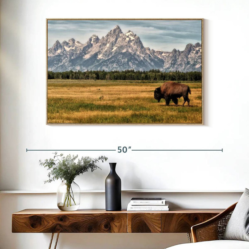 Bull Bison à Grand Teton, Cadre flottant en bois naturel, 40 po x 27 po