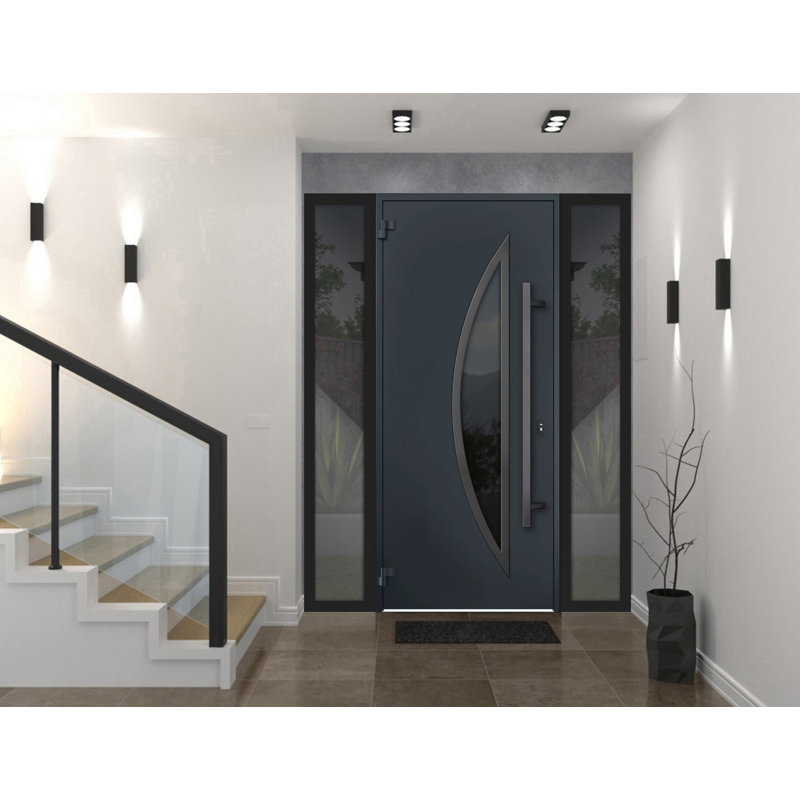 Front Exterior Prehung Steel Door / Deux 6501 Anthracite / 2 Side Exterior Windows / Stainless Inserts Single Modern Painted-W14+36+14" x H80"-Right-hand Inswing