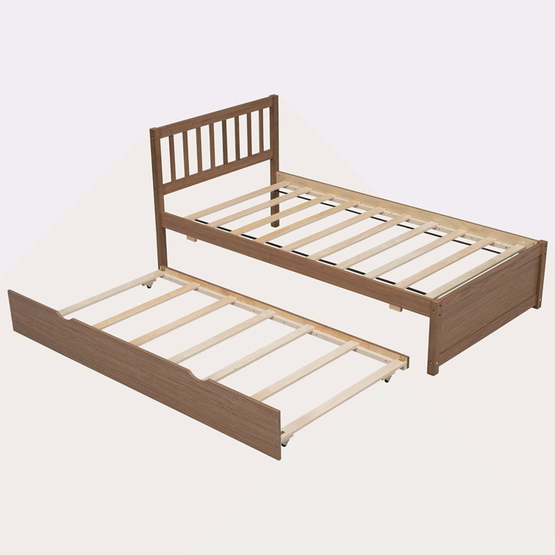 Structure de lit plateforme moderne en bois avec lit gigogne, Noyer