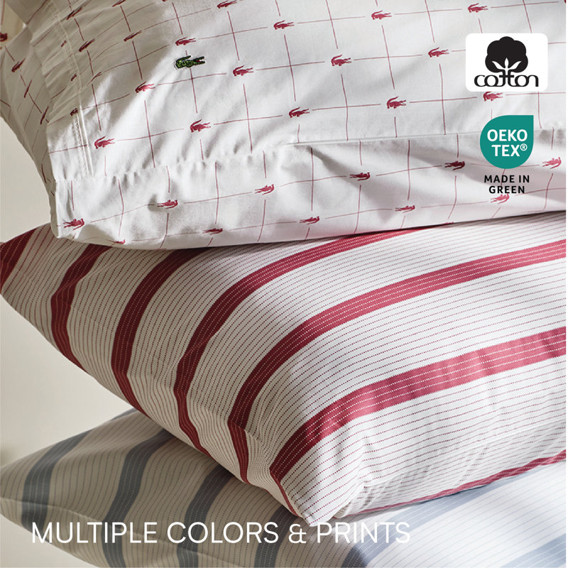Lacoste Slice Geometric 100% Cotton Percale Sheet Set, Blue, Queen Sheet Set with 2 Pillowcases