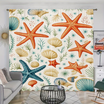 2Pcs Watercolor Sea Star & Shell Pattern Curtains, Rod Pocket Window Drapes, Coastal Ocean Style, Living Room Bedroom Study Window Decor