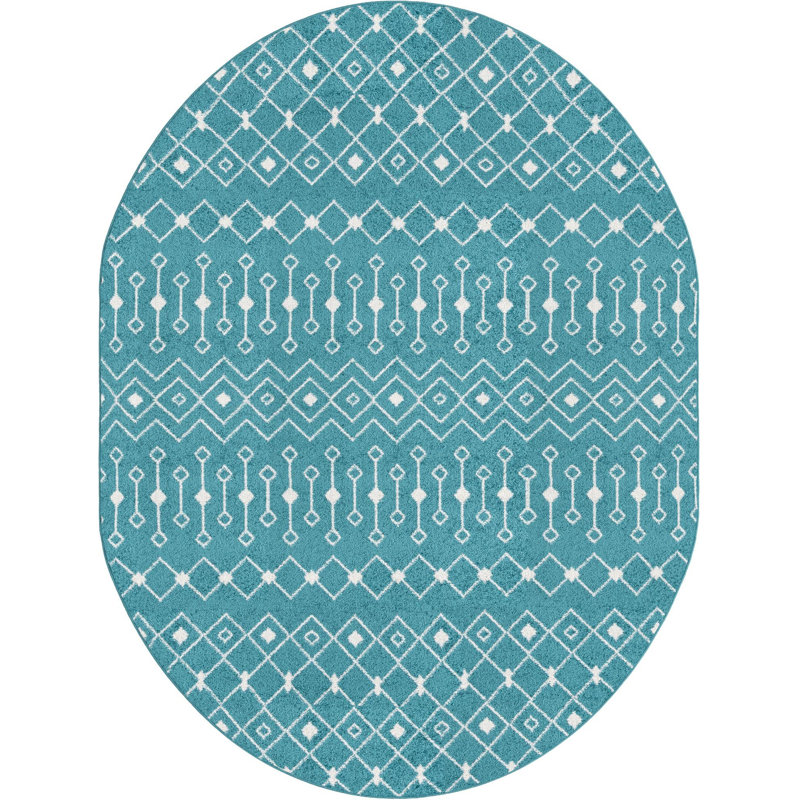 Tapis bleu / blanc en chenille / polyester tissé à la machine Briehn, Ovale 7 pi 10 po x 10 pi