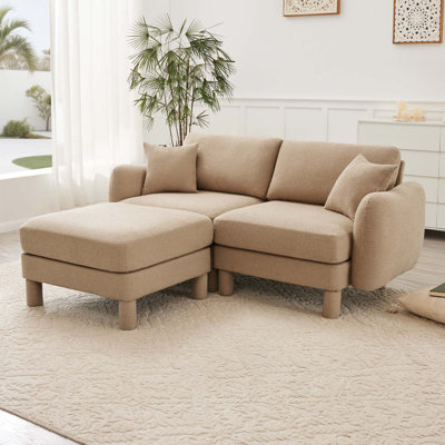 Boucle Fabric Sectional 2-seater Loveseat Sofa Couch with Distinctive Shell-shaped Armrests and Removable Ottoman, Cylindrical Legs Wrapped in Self-fabric, Coffee Color