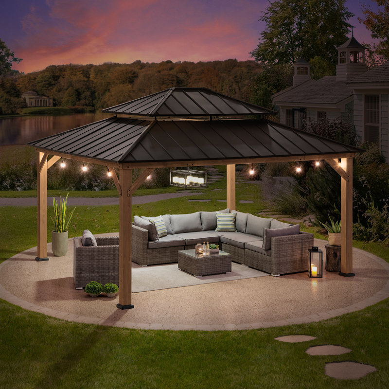 Sunjoy 13 x 15 ft. Wood Gazebo, Outdoor Patio Steel Hardtop Gazebo, Cedar Framed Wooden Gazebo with 2-Tier Metal Roof, Suitable for Patios, Lawn and Backyard