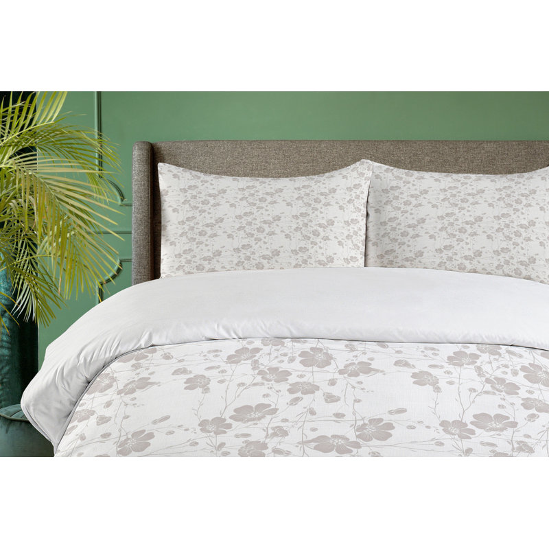 Pale Grey Floral Queen Duvet Cover Set with Pillow Shams