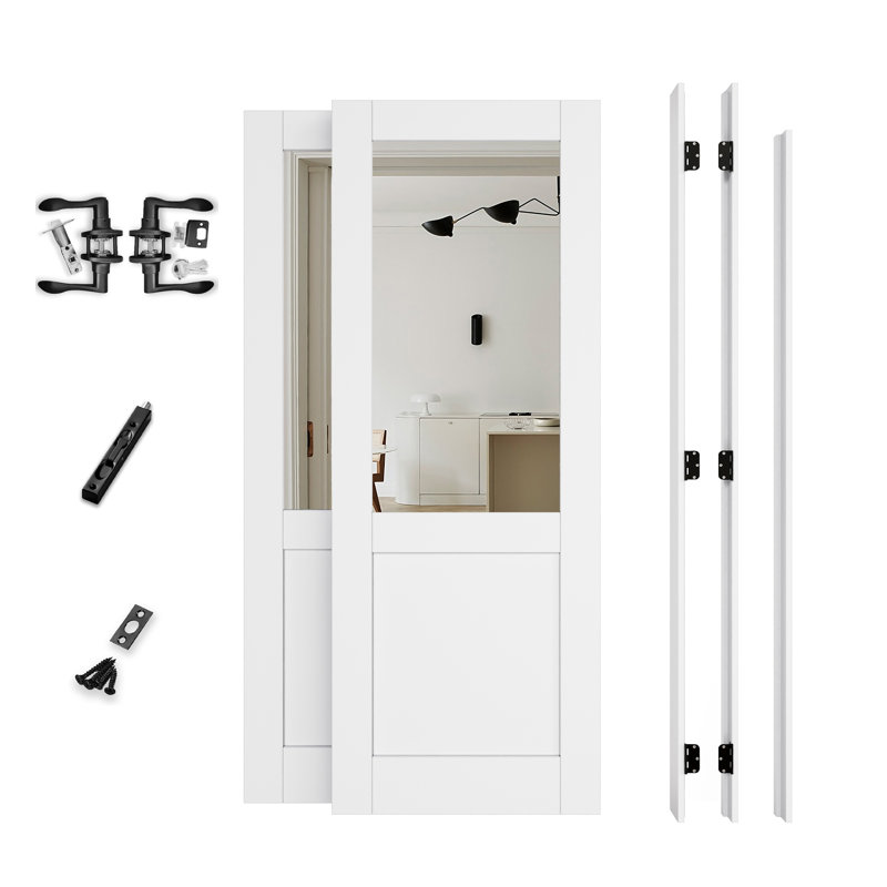 Porte intérieure intérieure 64 po x 64 po, portes de miroir de qualité supérieure demi-Lite, ensemble complet de charnières, charnières noires, 4 leviers courbés et loquet, apprêt blanc prêt à peindre et parfait pour la porte de chambre à coucher, porte fermée, porte de couloir, porte de salon, Porte de garde-manger et porte de salle de bain