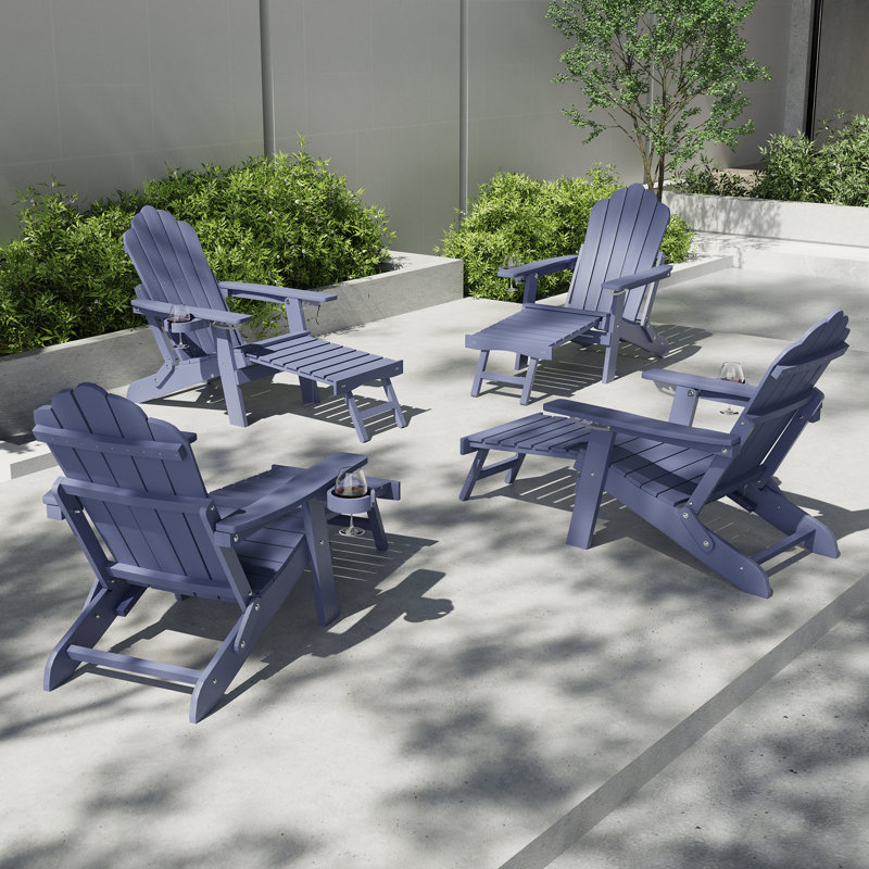 Adirondack Chair with Retractable Ottoman, HIPS Weather Resistance Folding  Outdoor Chair with Cup Holder for Outdoor Patio Lawn