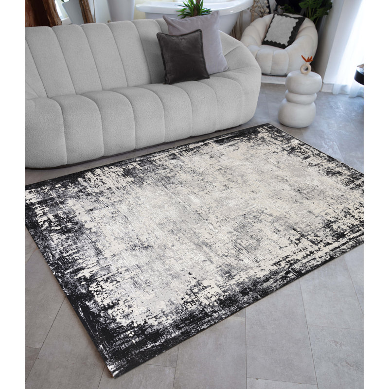 Abrienne Soft Shiny Border Black/Grey Rug, Rectangle 120 x 170cm