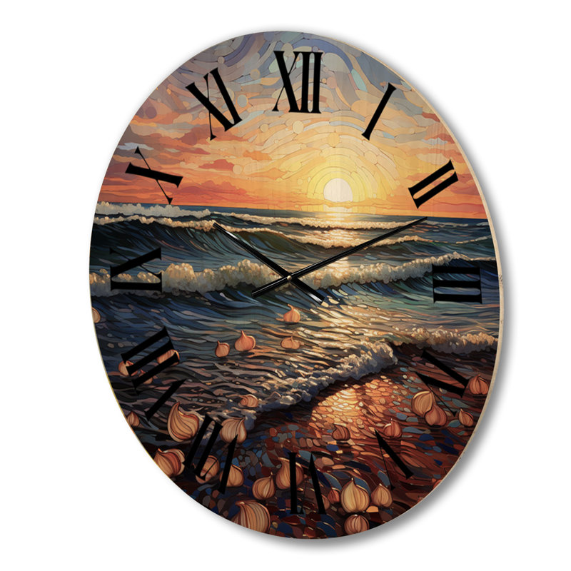 Beach Golden Sands Pointillism I - Très grande horloge murale en bois, Grand