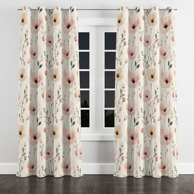 Girls Minimal Florals Room Darkening Curtains - Serene Blush Fields Grommet Curtain - 1 Panel, 52" W x 63" L, Silver Grommets