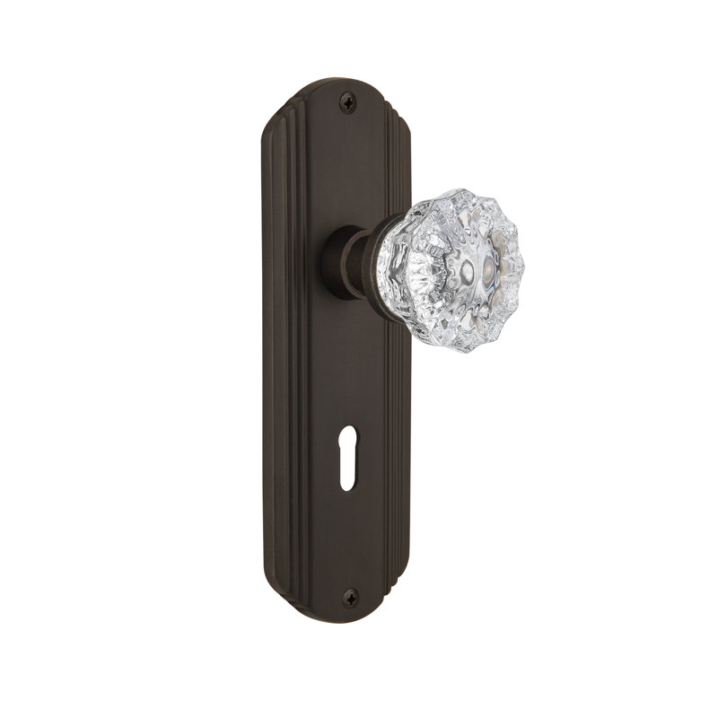 Clear Crystal Interior Mortise Door Knob with Deco Long Plate, Oil-Rubbed Bronze