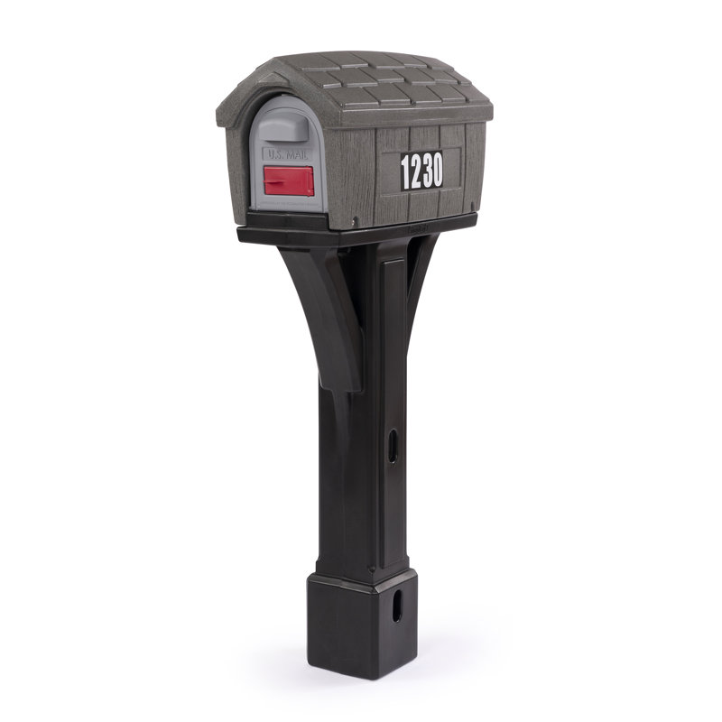 Classic Gray Stone and Black Plastic Mailbox with Post
