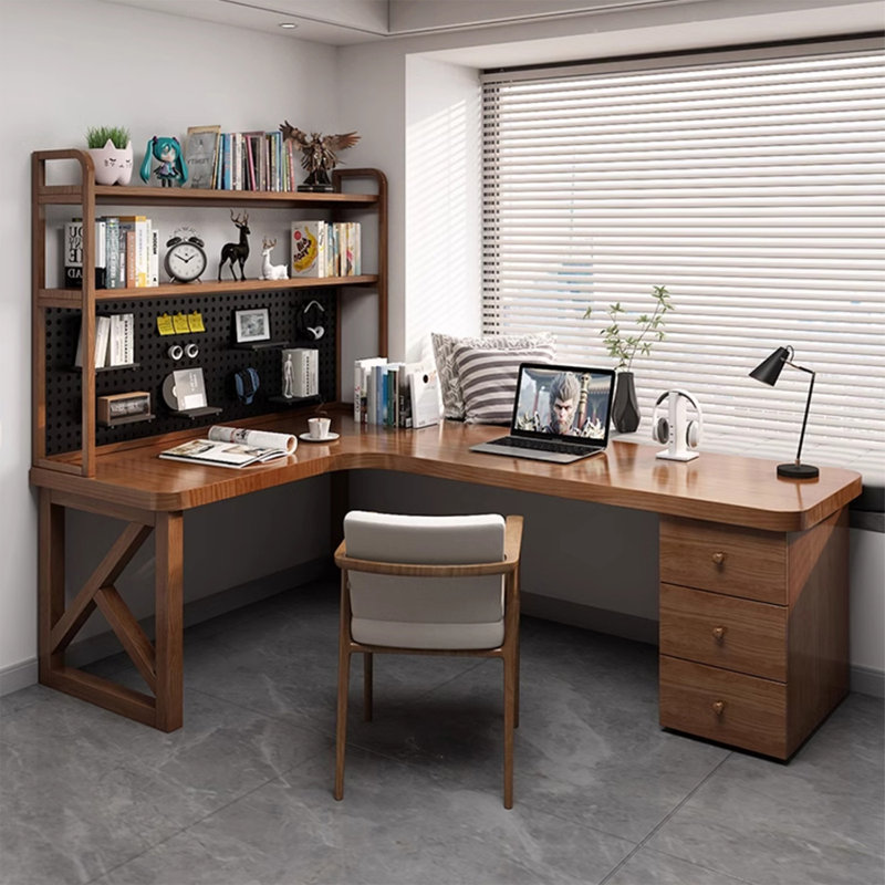 Bureau de direction en L en noyer massif avec tiroirs, Gauche, H 29,53 po x l 70,87 po x P 47,24 po