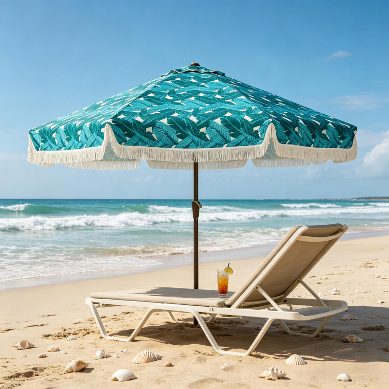 Parasol de patio à franges 10pi avec manivelle pour patio, Motif floral bleu, L 120 po x P 120 po