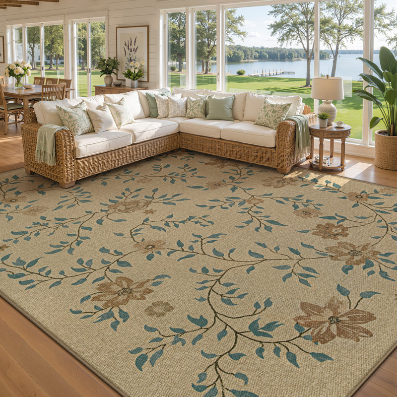 Tapis intérieur/extérieur en jute lavable à motif floral neutre, 2,74 m x 3,66 m, Neutral/Floral, Rectangle 9' x 12'